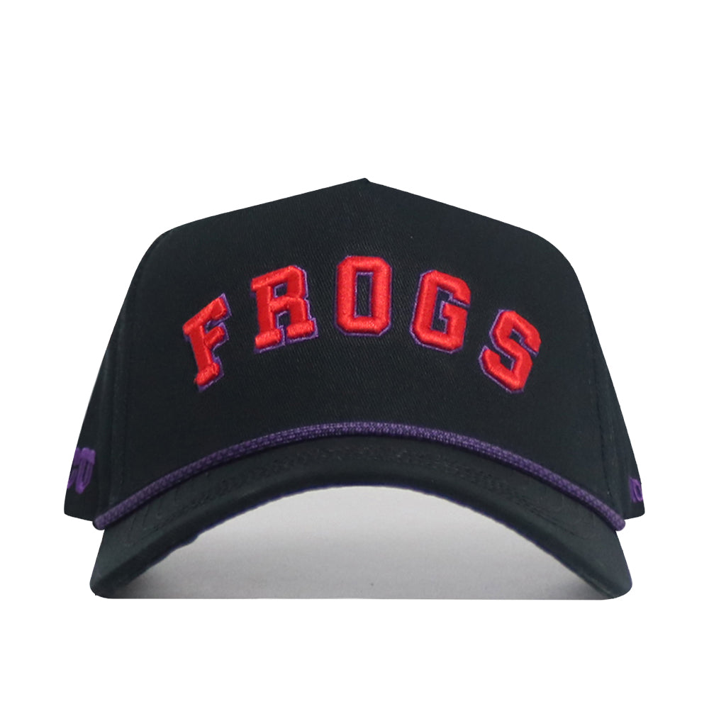 The No Rivals Right Side Up FROGS Hat - TCU - Alt Colors is a black snapback made from high-quality cotton, featuring bold red "FROGS" embroidery on the front and a slim purple trim on the brim.
