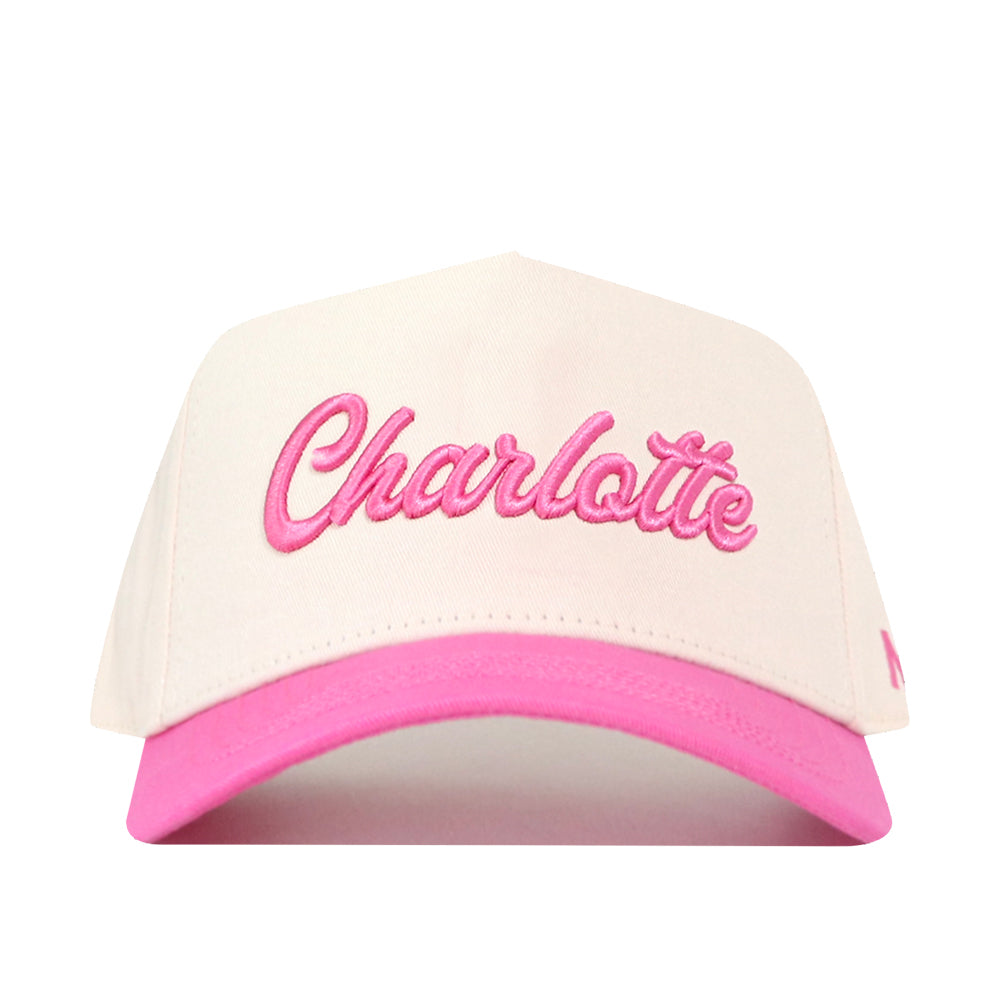Show your school spirit in style with the No Rivals UNC Charlotte Pink Out Hat—featuring a white base, vibrant pink brim, and “Charlotte” embroidered in bold pink cursive on the front. This snapback is perfect for elevating your gameday look.