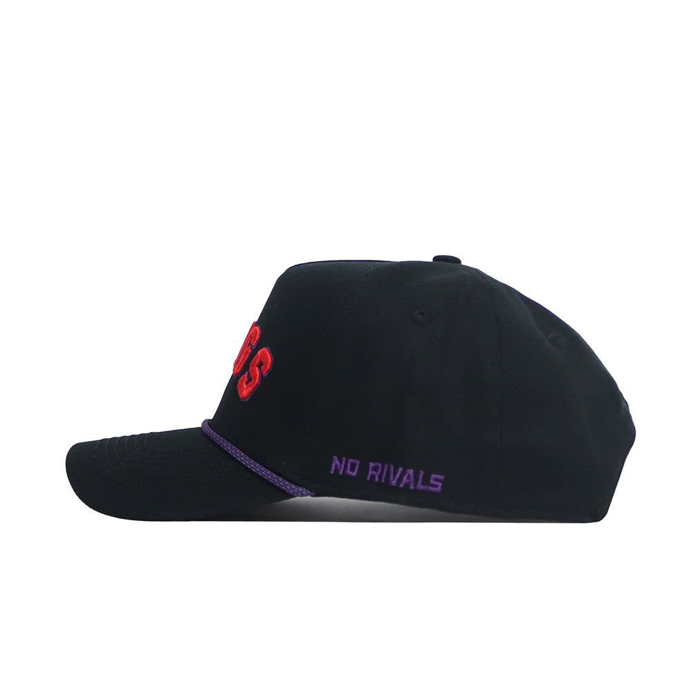 The Right Side Up FROGS Hat - TCU - Alt Colors by No Rivals is a structured black cotton snapback featuring red front lettering and "NO RIVALS" embroidered in purple above the brim.