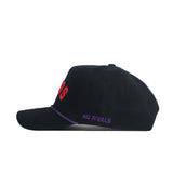 The Right Side Up FROGS Hat - TCU - Alt Colors by No Rivals is a structured black cotton snapback featuring red front lettering and "NO RIVALS" embroidered in purple above the brim.