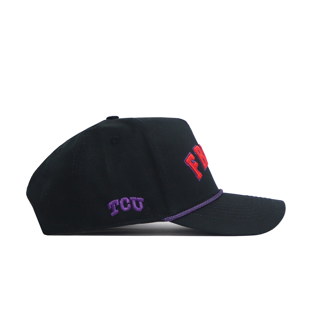 The No Rivals Right Side Up FROGS Hat - TCU - Alt Colors is a black cotton snapback with "FROGS" in red on the front, "TCU" embroidered in purple on the side, and a thin purple rope across the structured brim.