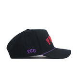 The No Rivals Right Side Up FROGS Hat - TCU - Alt Colors is a black cotton snapback with "FROGS" in red on the front, "TCU" embroidered in purple on the side, and a thin purple rope across the structured brim.