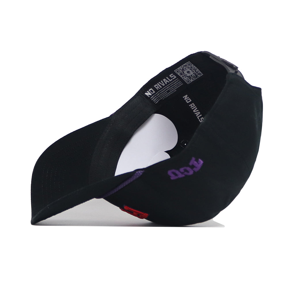 The Right Side up FROGS Hat - TCU - Alt Colors by No Rivals is a black snapback, shown upside down to reveal a purple “TCU” on the brim, white inner label text “NO RIVALS,” and a QR code near the strap.
