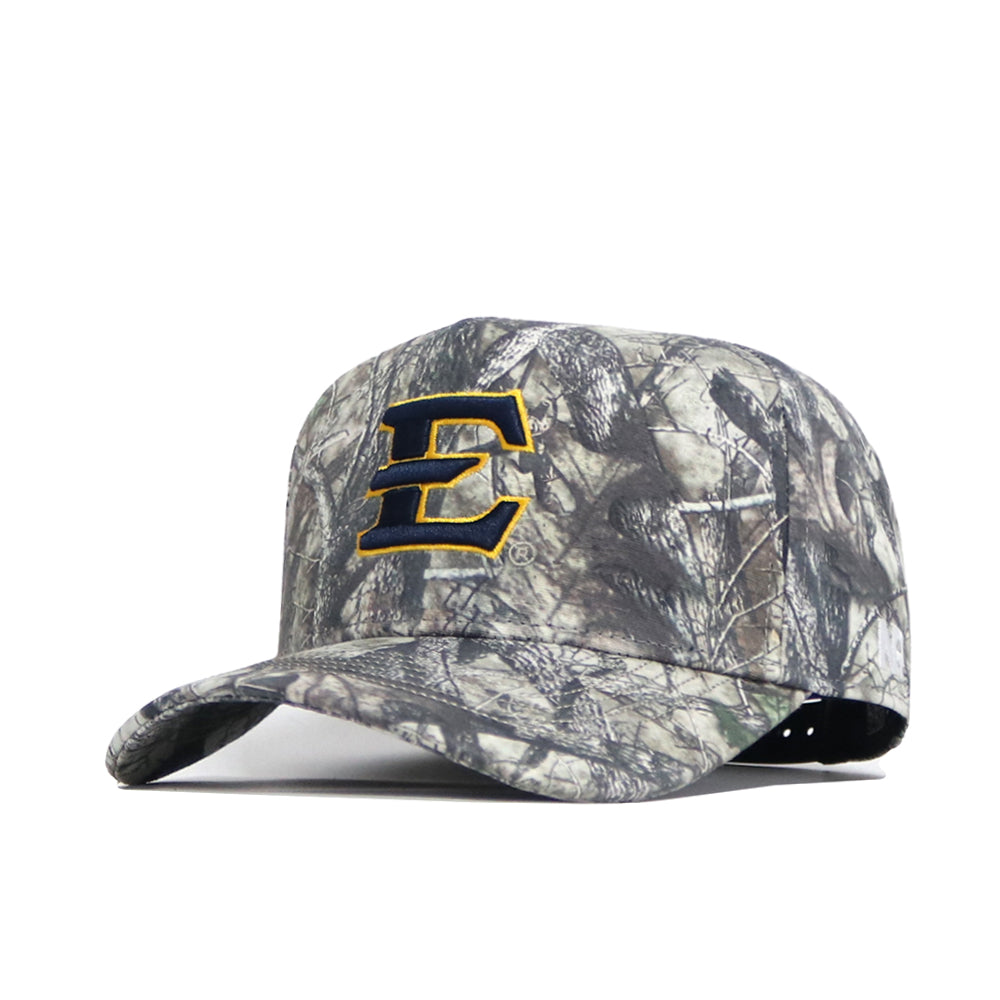 The No Rivals ETSU Outland Camo Hat is a structured-fit cotton baseball cap with a large yellow and navy "E" logo on the front, shown on a white background.