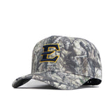 The No Rivals ETSU Outland Camo Hat is a structured-fit cotton baseball cap with a large yellow and navy "E" logo on the front, shown on a white background.