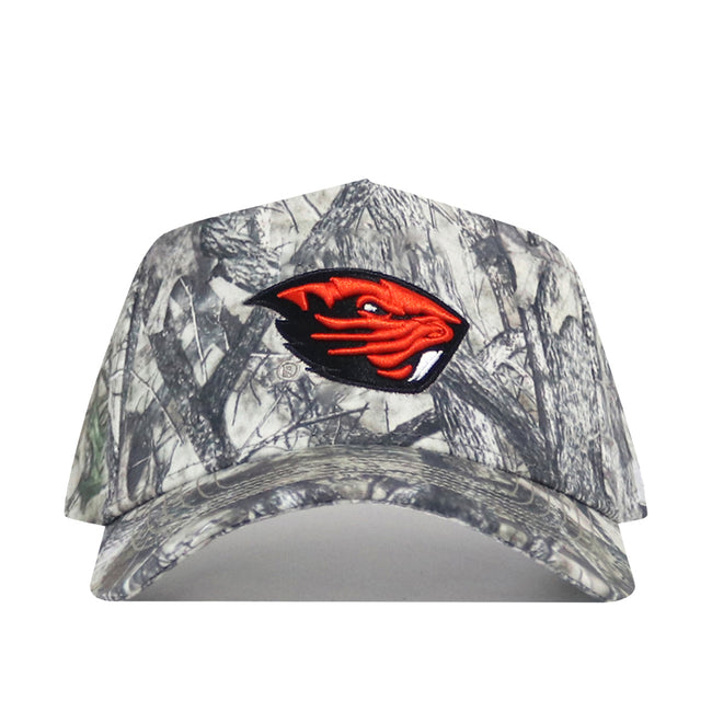 The Oregon State Outland Hat by No Rivals is a gray camo snapback made from high-quality cotton and features an orange and black beaver head logo on the front.
