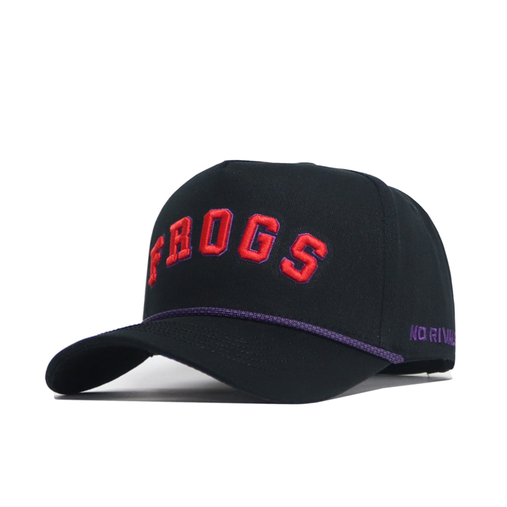 The No Rivals Right Side Up FROGS Hat - TCU - Alt Colors is a structured black snapback cotton cap with bold red "FROGS" embroidery, a purple line above the brim, and small purple text detail on the side.