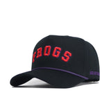 The No Rivals Right Side Up FROGS Hat - TCU - Alt Colors is a structured black snapback cotton cap with bold red "FROGS" embroidery, a purple line above the brim, and small purple text detail on the side.
