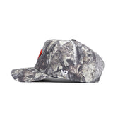 Side view of the Oregon State Outland Hat by No Rivals, a snapback with gray and brown camo, red embroidered front logo, white NR initials on the side, and made from high quality cotton for comfort and durability.