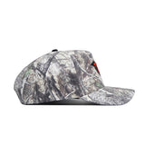 Side view of the No Rivals Oregon State Outland Hat, a snapback with a gray, brown, and green camouflage pattern. Made from high-quality cotton, it features a slightly curved brim and an unstructured crown.