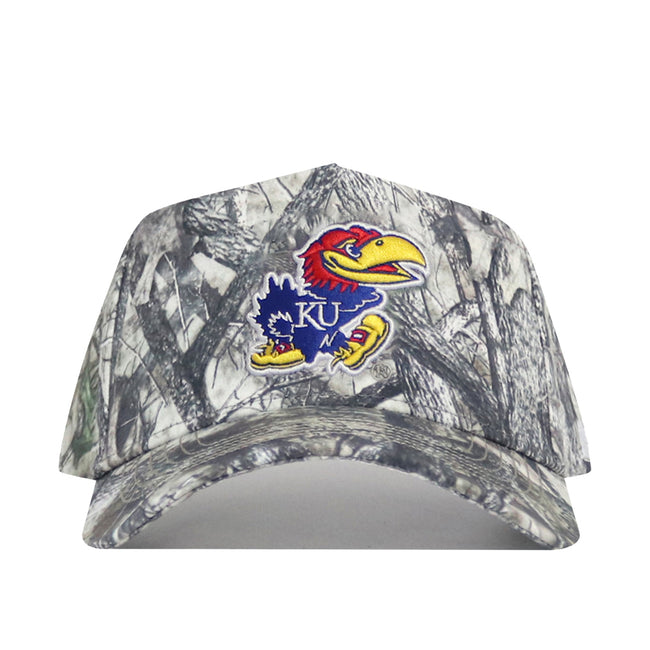The Kansas Outland Hat by No Rivals is a cotton camo baseball cap with a structured fit, featuring the University of Kansas Jayhawks mascot embroidered in yellow, red, and blue. Adjustable snapback closure included.