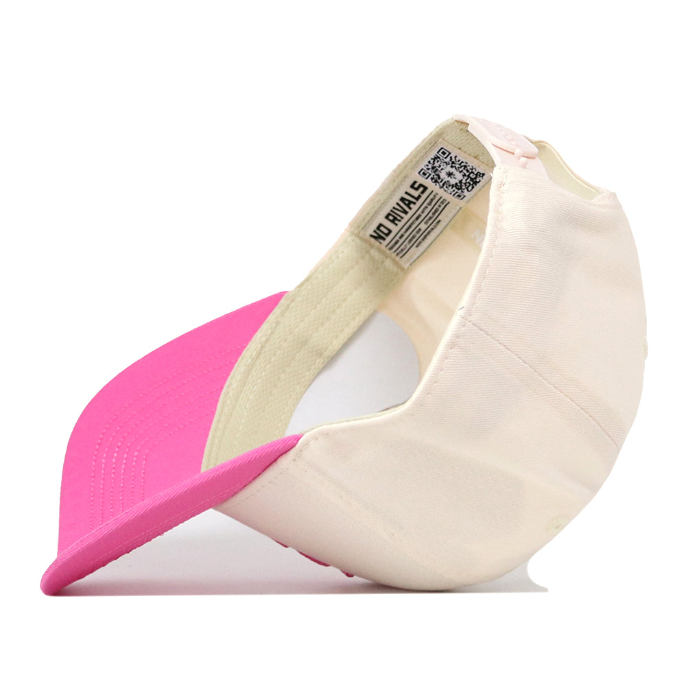 The Florida State Pink Out Hat by No Rivals is displayed upside down, showcasing the interior label and adjustable snap back, with its distinctive cream crown and pink bill.