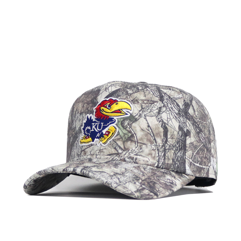 The No Rivals Kansas Outland Hat is a structured camo baseball cap with the University of Kansas Jayhawk logo, crafted from high-quality cotton and featuring a convenient snapback design.