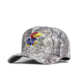 The No Rivals Kansas Outland Hat is a structured camo baseball cap with the University of Kansas Jayhawk logo, crafted from high-quality cotton and featuring a convenient snapback design.