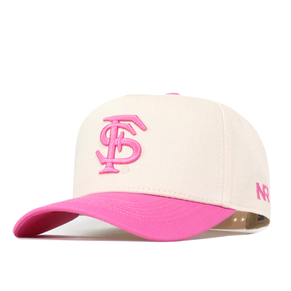 Introducing the Florida State Pink Out Hat by No Rivals—a stylish, officially licensed beige baseball cap featuring a vibrant pink brim and bold, overlapping pink “C” and “S” letters embroidered on the front. The side is adorned with “NR” stitched in matching pink, representing the No Rivals brand. With its convenient snap back adjustment, this eye-catching breast cancer hat seamlessly combines standout design with everyday comfort.
