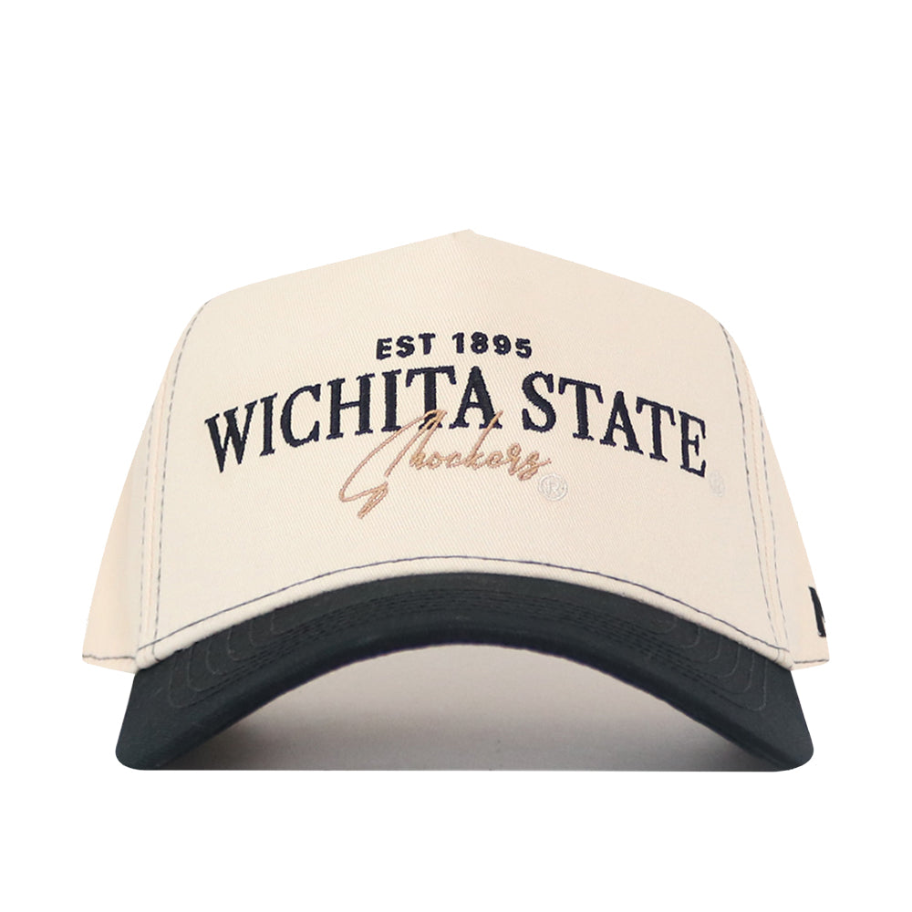 The Wichita State Vintage Hat by No Rivals features EST 1895 WICHITA STATE Shockers embroidered in black and gold on beige and black, with a structured fit for comfort.