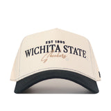 The Wichita State Vintage Hat by No Rivals features EST 1895 WICHITA STATE Shockers embroidered in black and gold on beige and black, with a structured fit for comfort.