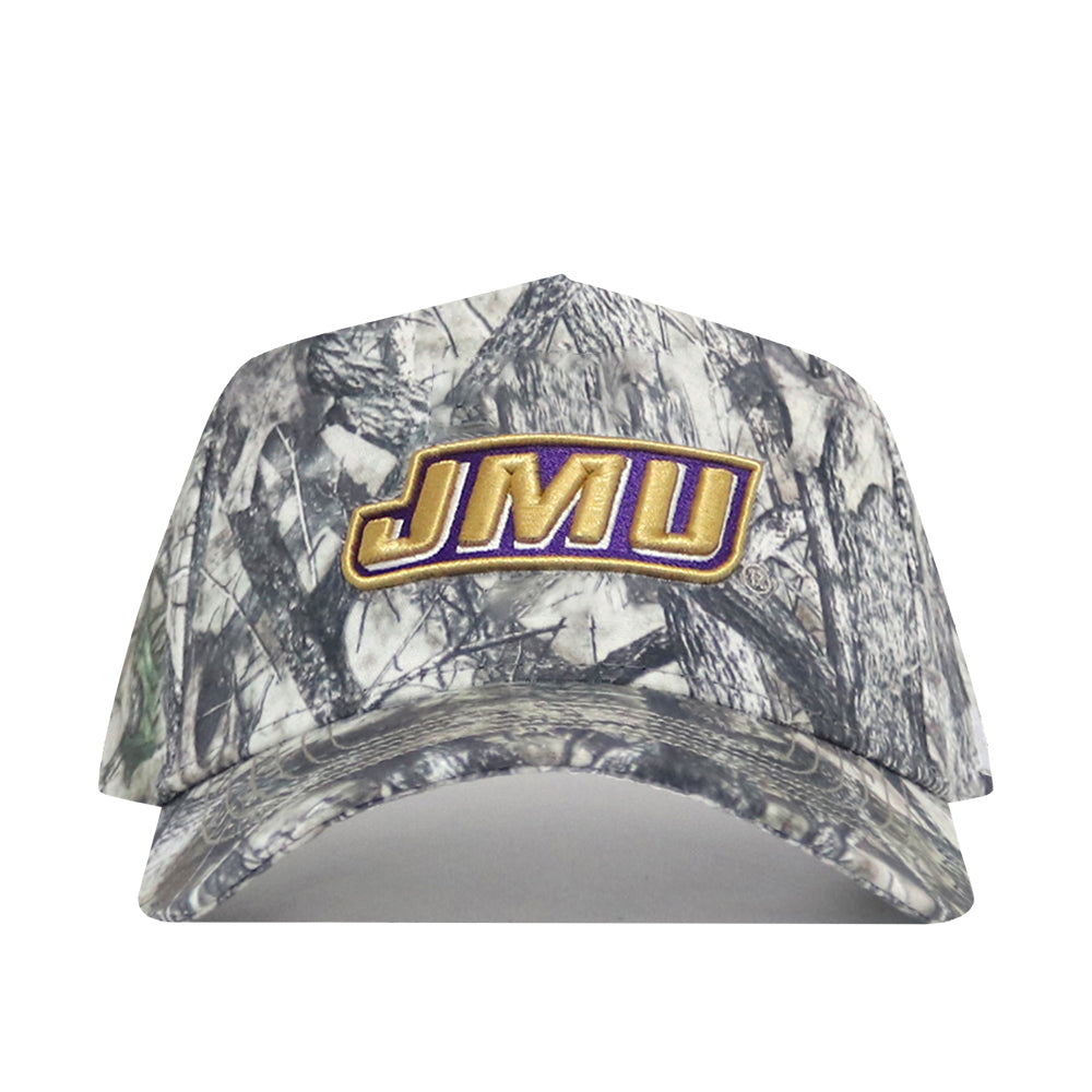 The No Rivals JMU Outland Hat is a camouflage baseball cap made from high-quality cotton, with a yellow and purple JMU logo embroidered on the front and a snapback closure for adjustable comfort.