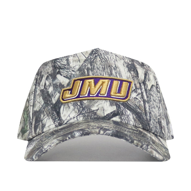 The No Rivals JMU Outland Hat is a camouflage baseball cap made from high-quality cotton, with a yellow and purple JMU logo embroidered on the front and a snapback closure for adjustable comfort.