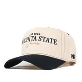 The Wichita State Vintage Hat by No Rivals is a beige and black cap with EST 1895 WICHITA STATE Shockers on the front, NR on the left side, a curved brim, and structured fit for lasting style.