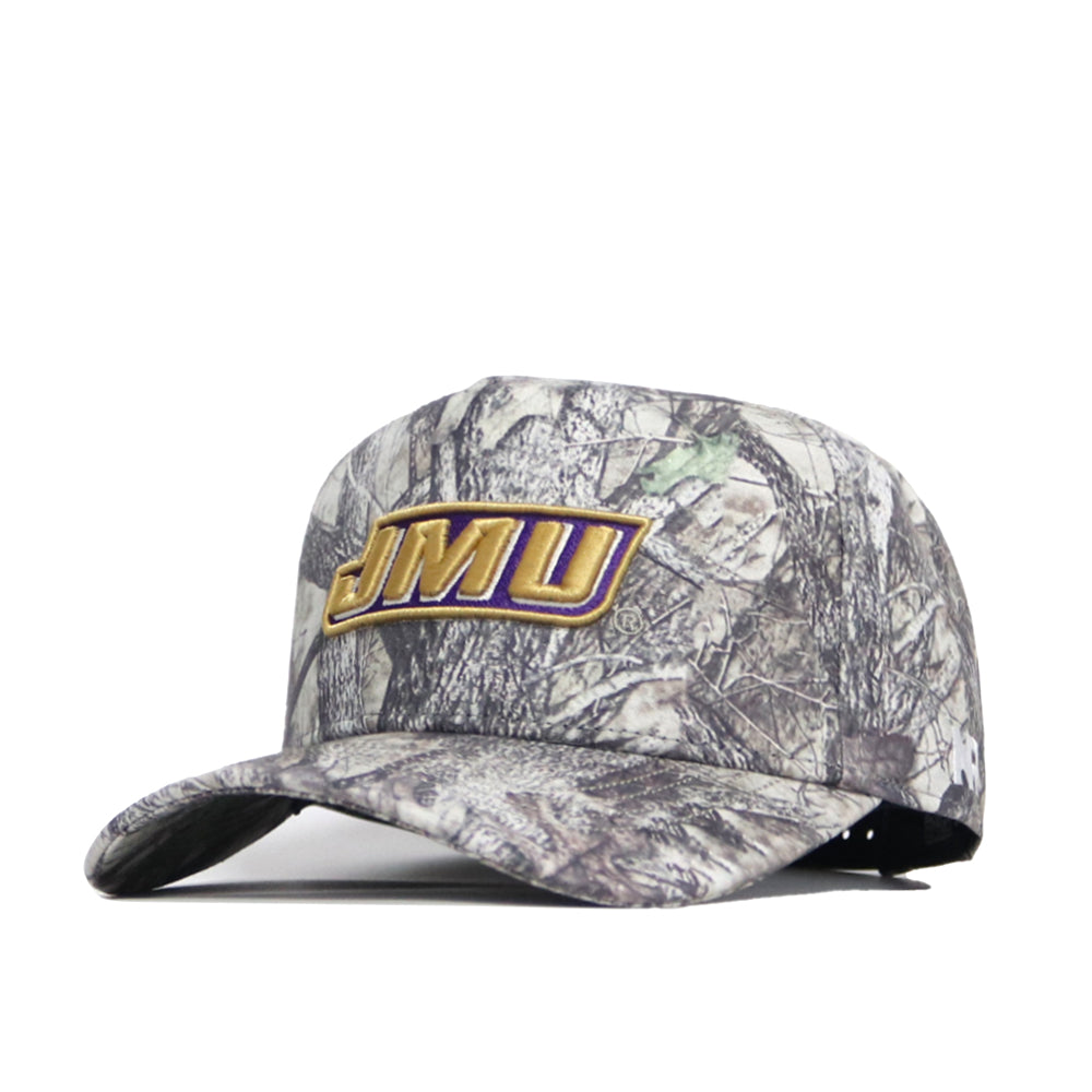 The No Rivals JMU Outland Hat is a camo cotton baseball cap with a yellow and purple JMU logo on the front. This officially licensed snapback is shown on a white background.