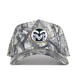 The No Rivals Colorado State Outland Hat is a cotton camo snapback with a structured fit and a circular embroidered patch featuring a white rams head logo on the front.