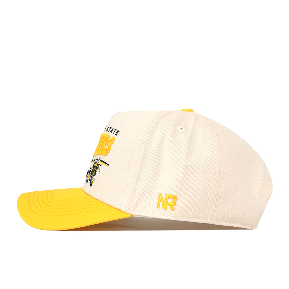 The Wichita State Stride Hat by No Rivals features a cream crown, yellow brim, side view, snapback closure, and yellow embroidered details—ideal for your gameday look.