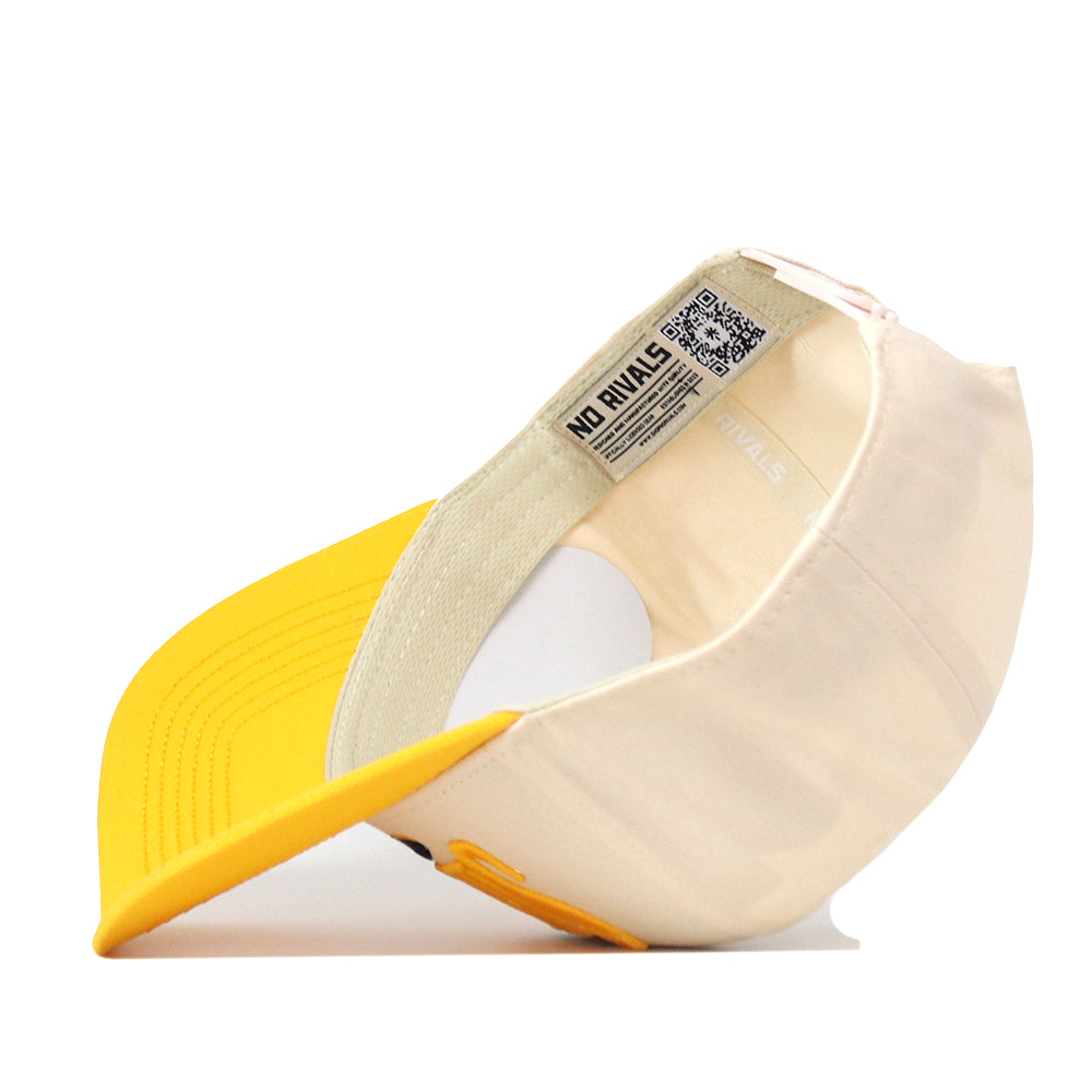 A yellow and white Wichita State Stride Hat by No Rivals turned inside out, showing the brim, inner lining, NO RIVALS label, QR code on the band, and snapback adjustment for a perfect gameday fit.