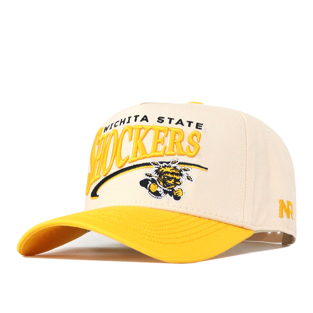Stay game-ready in the No Rivals Wichita State Stride Hat—beige and yellow with an embroidered Shockers logo, mascot, bright yellow bill, and adjustable snap back for a perfect fit.