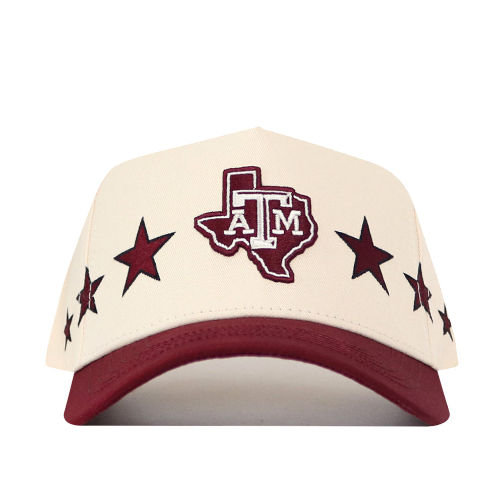 Show your Aggie pride in the No Rivals Texas A&M Star Hat—a cream and maroon snapback baseball cap featuring an embroidered Texas A&M logo inside a state outline, accented with maroon stars on the front and sides. This officially licensed hat is the perfect way to represent your team.