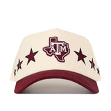 Show your Aggie pride in the No Rivals Texas A&M Star Hat—a cream and maroon snapback baseball cap featuring an embroidered Texas A&M logo inside a state outline, accented with maroon stars on the front and sides. This officially licensed hat is the perfect way to represent your team.