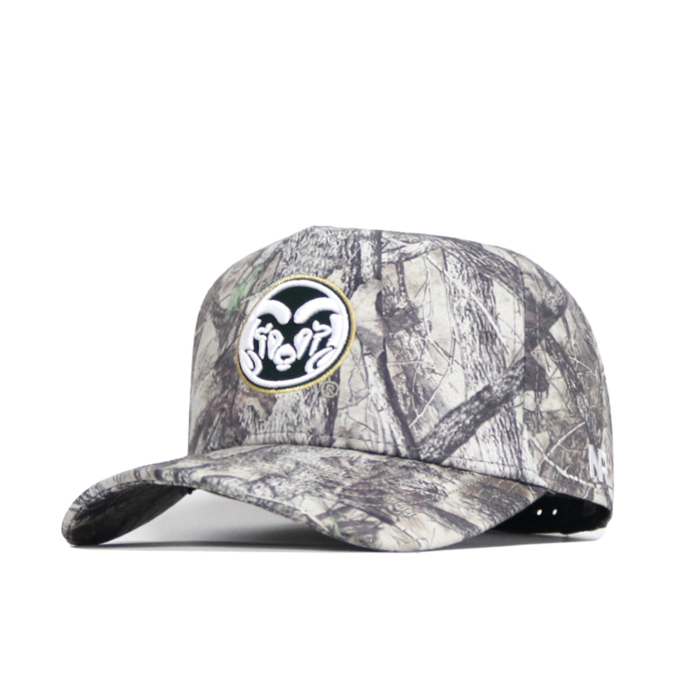 The No Rivals Colorado State Outland Hat is a high-quality cotton snapback with a structured fit, gray and green forest camo design, and a stylized ram head logo on the front.