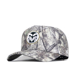 The No Rivals Colorado State Outland Hat is a high-quality cotton snapback with a structured fit, gray and green forest camo design, and a stylized ram head logo on the front.