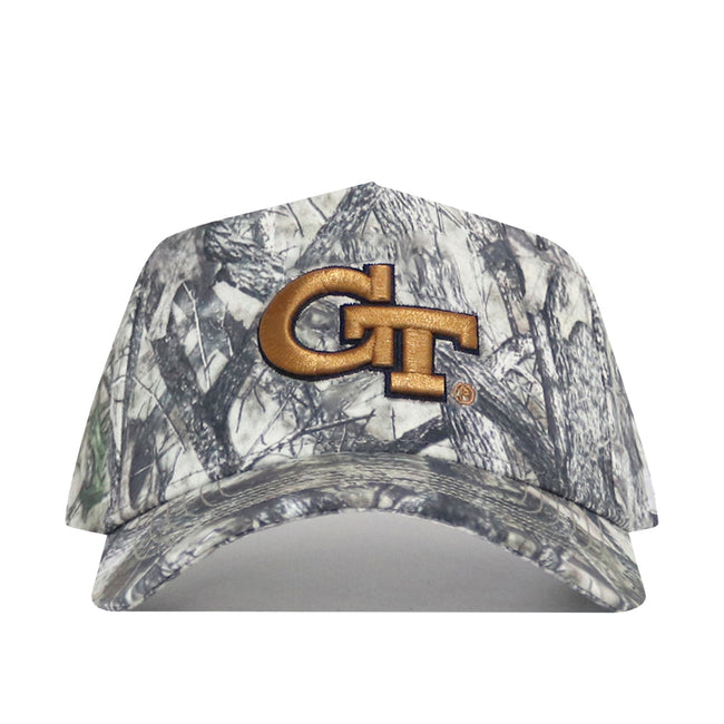 The Georgia Tech Outland Hat by No Rivals is a structured camouflage snapback with the gold and black GT logo embroidered on the front. This officially licensed cap offers authentic style for Georgia Tech fans.