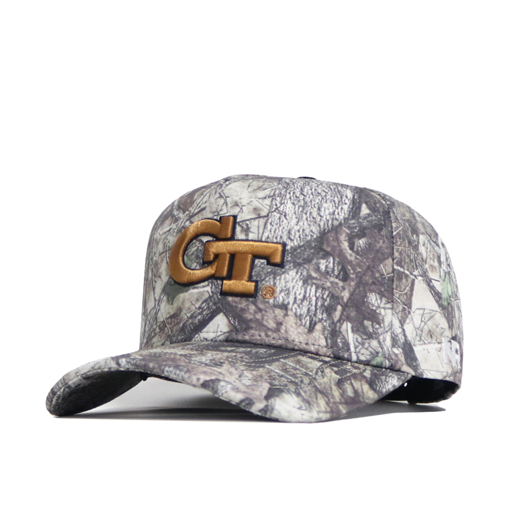The No Rivals Georgia Tech Outland Hat is a structured camo snapback with gold GT lettering on the front, shown against a white background.