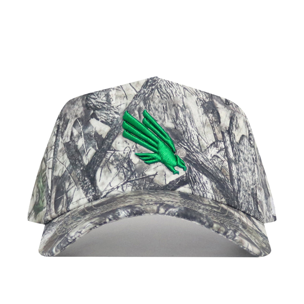The North Texas Outland Hat by No Rivals is a structured snapback in camouflage, featuring a green winged embroidered logo on high quality cotton, shown against a white background.