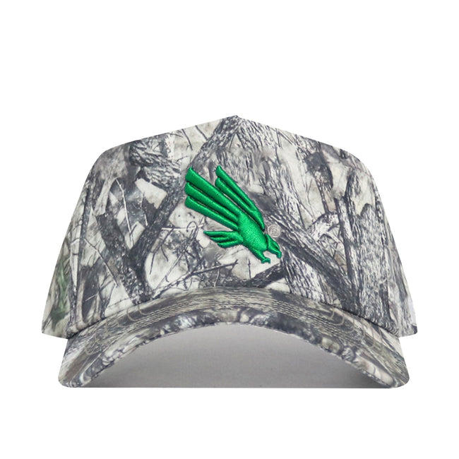 The North Texas Outland Hat by No Rivals is a structured snapback in camouflage, featuring a green winged embroidered logo on high quality cotton, shown against a white background.