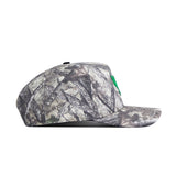 A side view of the No Rivals North Texas Outland Hat, a flat-brim snapback with gray and brown camo, green front embroidery, and a structured fit for lasting style and comfort.