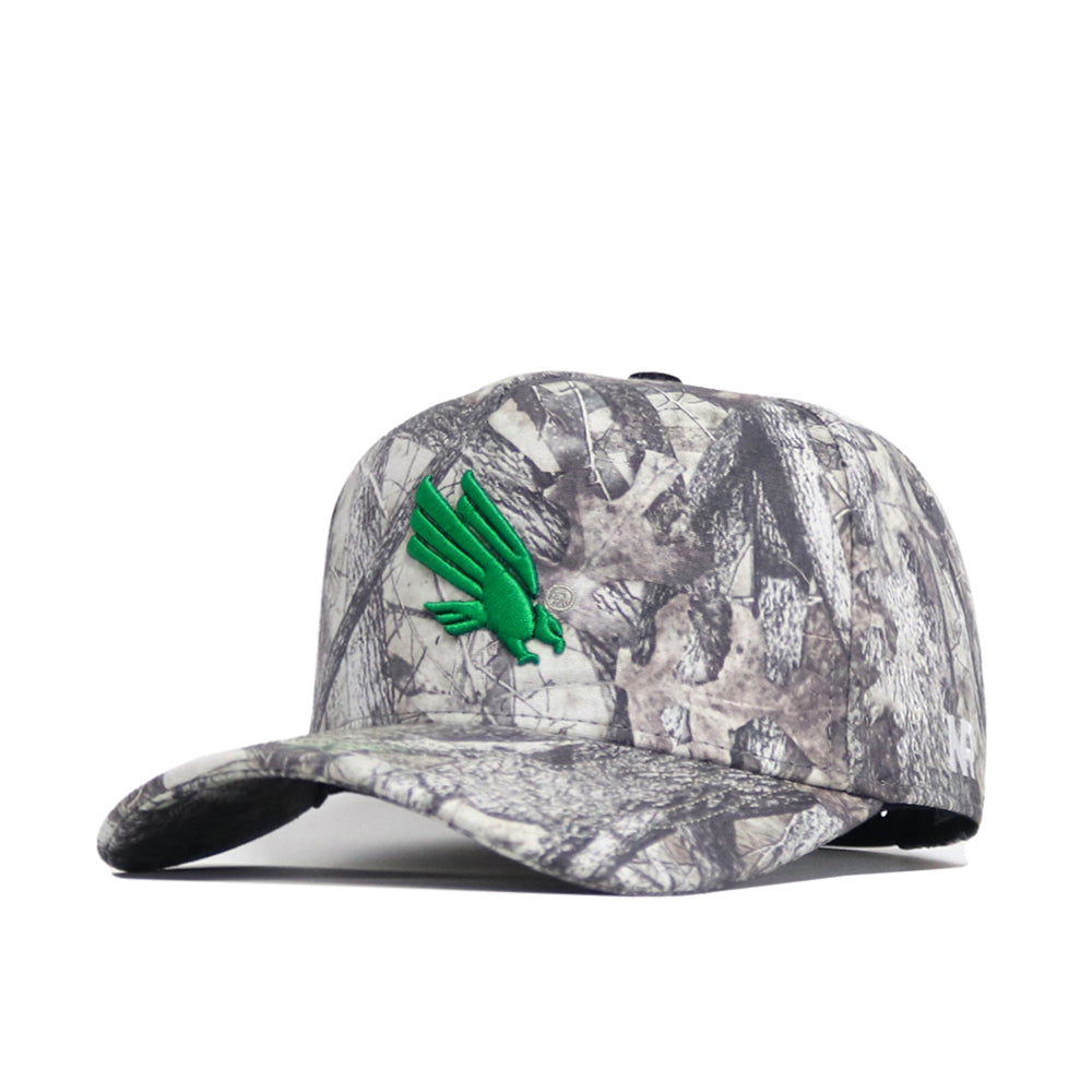 The North Texas Outland Hat by No Rivals features a gray and black camo snapback design with a green bird logo, made from high-quality cotton and displayed against a white background.