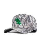 The North Texas Outland Hat by No Rivals features a gray and black camo snapback design with a green bird logo, made from high-quality cotton and displayed against a white background.