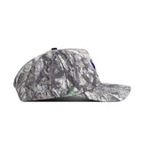 Side view of the Creighton Outland Hat by No Rivals, a structured fit cap with a gray and brown camo pattern, flat brim, classic top button, and high-quality cotton material.