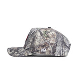 Side view of the Utah Outland Hat by No Rivals, a high-quality cotton snapback with woodland camo on the bill, crown, and button. White embroidered NR initials are featured near the back.
