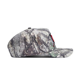 Side view of the No Rivals Utah Outland Hat, an officially licensed snapback with camouflage pattern, high-quality cotton, curved bill, and red embroidery on the front panel, displayed against a white background.