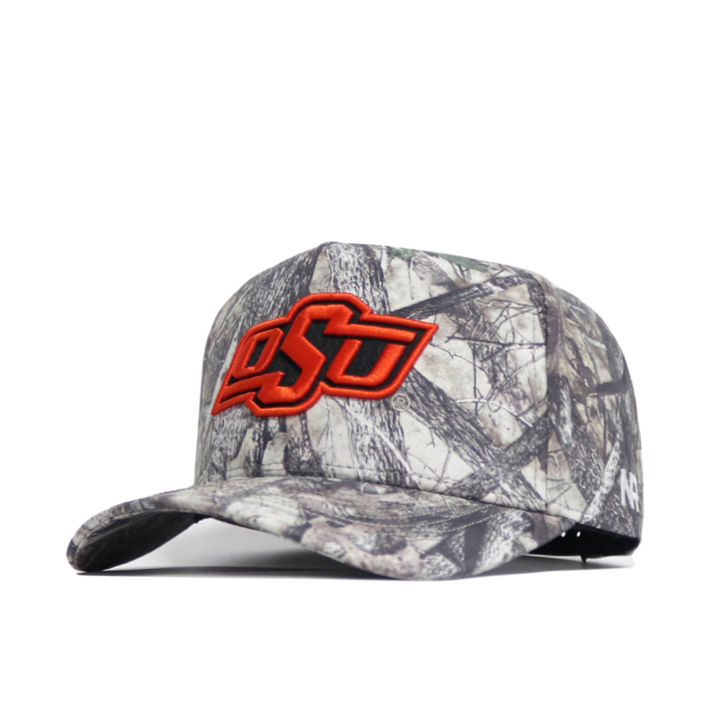 The No Rivals Oklahoma State Outland Hat is a structured camouflage cotton hat featuring an orange OSU logo on the front, shown on a white background.