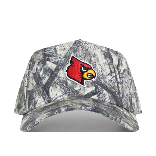 The No Rivals Louisville Outland Hat is an officially licensed snapback made from high-quality cotton, featuring a camouflage design and a red cardinal head with a yellow beak and fierce expression on the front center.