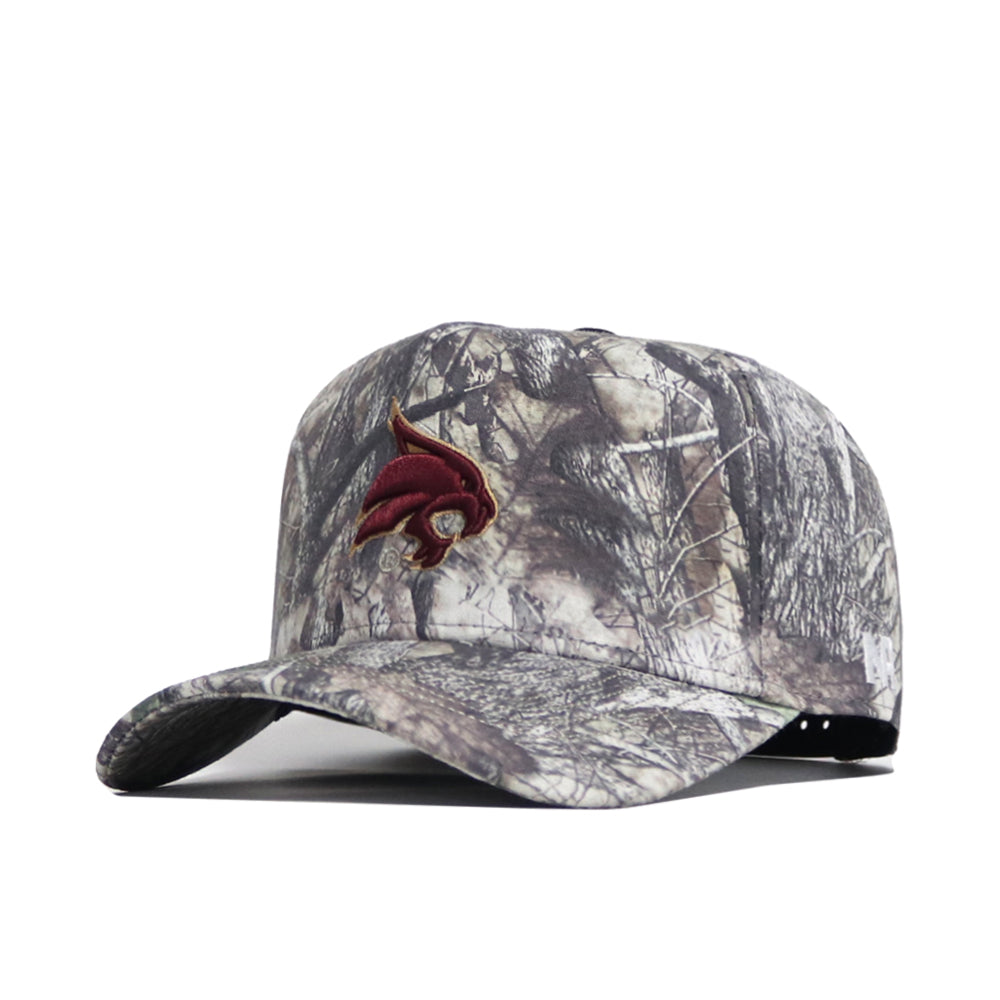 The No Rivals Texas State Outland Hat is a gray and white camo snapback with a maroon and gold bobcat head logo embroidered on front, made from high quality cotton with a structured fit. Shown on a plain white background.