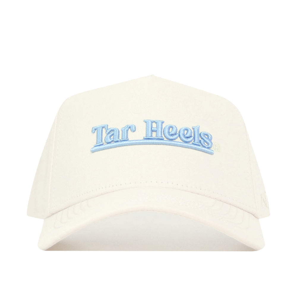 The No Rivals North Carolina Sideline Hat is a white snapback made from high-quality cotton, featuring "Tar Heels" embroidered in light blue on the front for a structured fit.