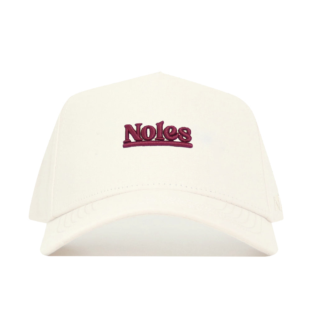 The No Rivals Florida State Sideline Hat is a white structured fit cap made from high quality cotton, featuring "Noles" embroidered in maroon on the front.