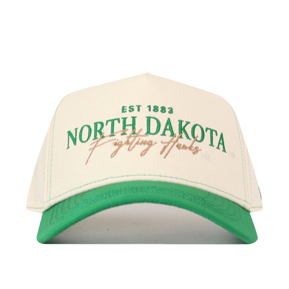 A North Dakota Vintage Hat by No Rivals featuring a white and green design with an officially licensed EST 1883 NORTH DAKOTA Fighting Hawks embroidered logo in green and gold on the front.