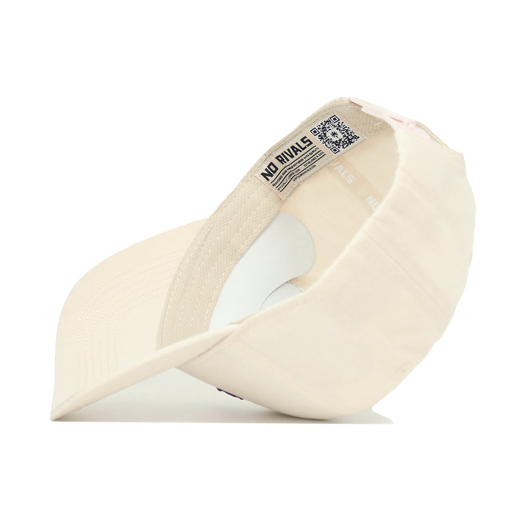 The Florida State Sideline Hat by No Rivals is a beige high-quality cotton snapback with a curved brim. Shown from below, the structured cap displays inside labels, a QR code, and the NO RIVALS text for lasting comfort.